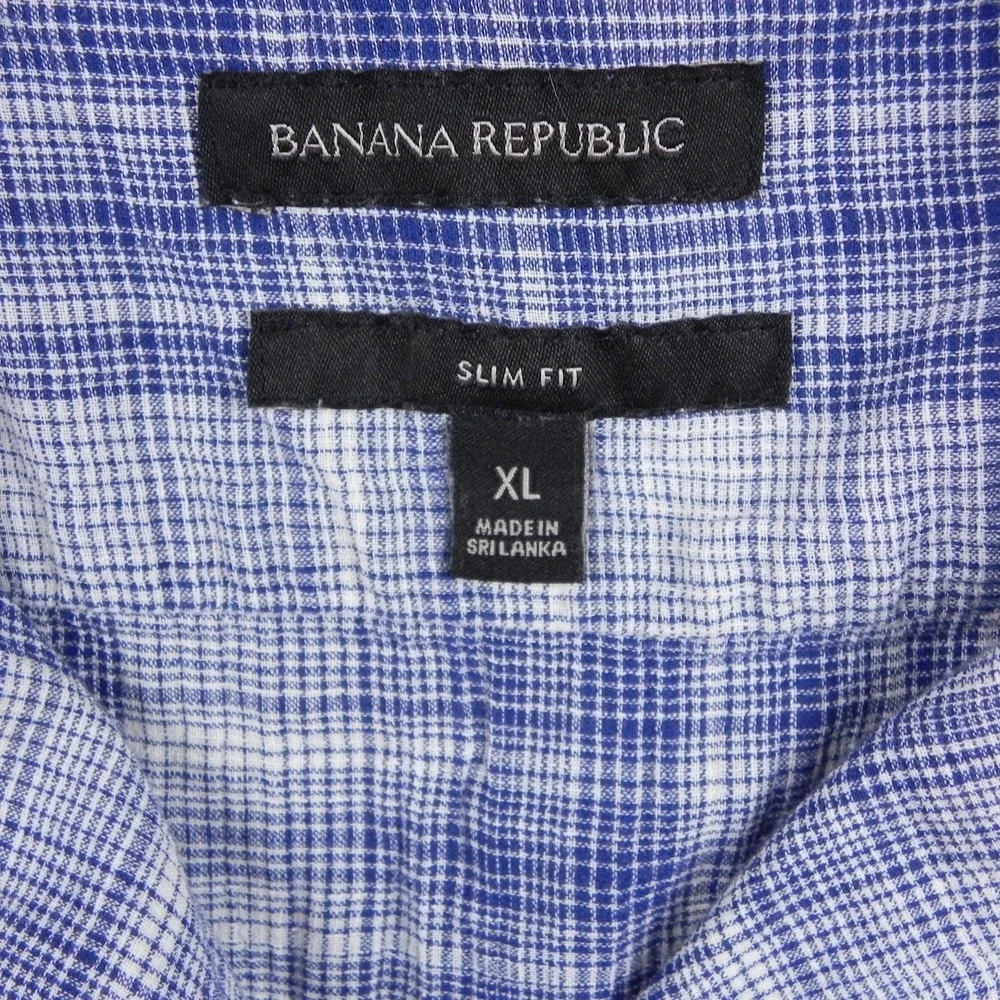 Banana Republic Shirt Mens XL Slim Fit Utility Button Up Blue Plaid Short Sleeve